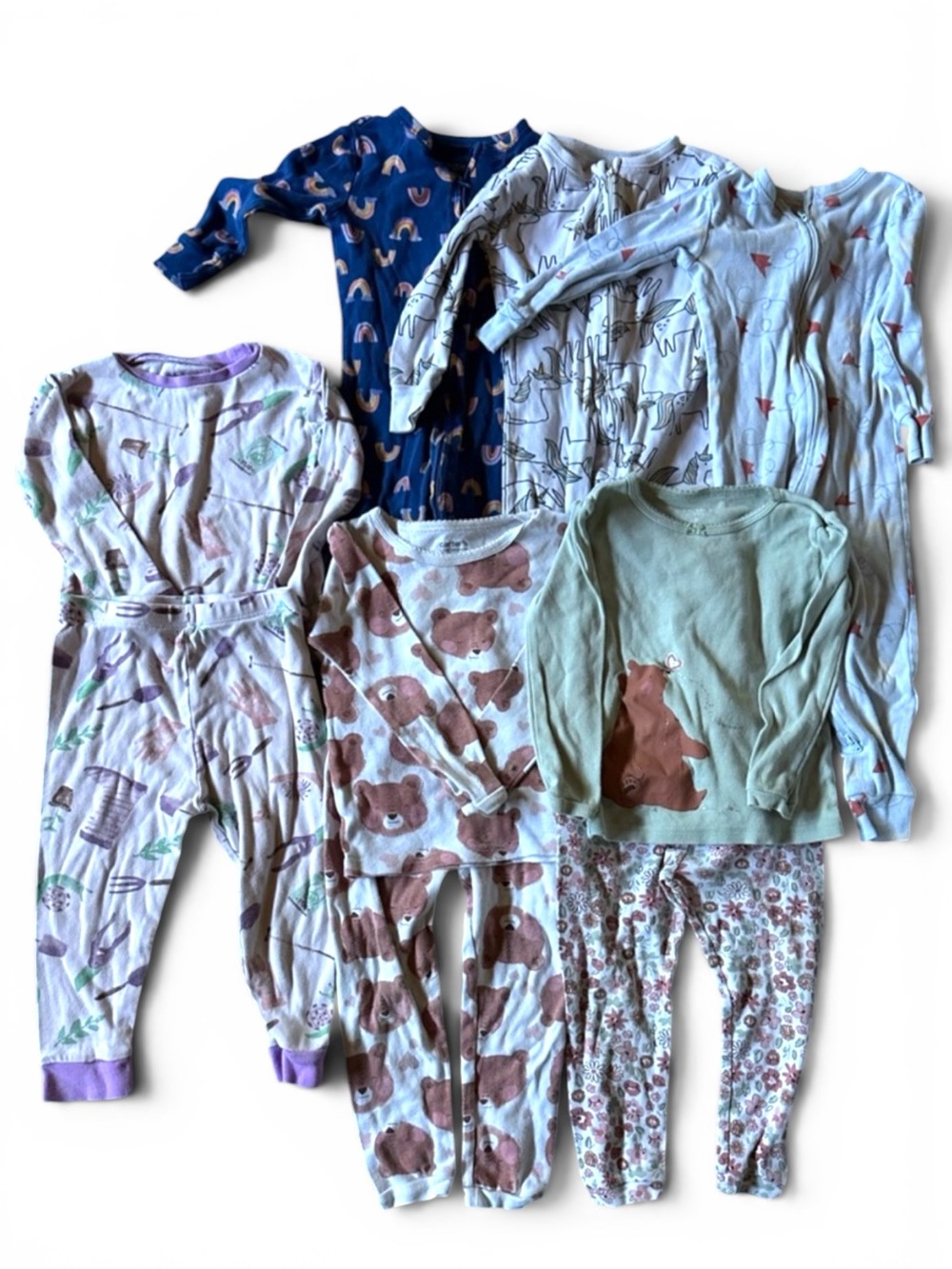 Mixed Baby Girl Pajama Lot - Bears, Rainbows & Floral Prints. Carters, Burts Bee